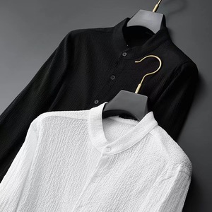 Ensemble Sportif <span class=keywords><strong>Homme</strong></span> Printemps : <span class=keywords><strong>Chemise</strong></span> et <span class=keywords><strong>Pantalon</strong></span> Rayés Plissés à Col Montant en Polyester/Coton, Séchage Rapide, Tricoté Sans Coutures, Thermocollé - Product Image 3