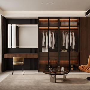 Armoire de chambre à coucher de style vintage avec porte en verre, en bois de noyer, du sol au plafond, grande capacité de rangement - Product Image 2