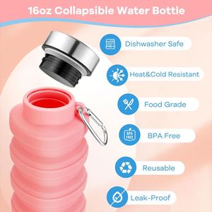 Botellas de Agua Plegables de Silicona de 500 ml, Botella de Agua Portátil Plegable para Viajes y Deportes con Hebilla Portátil, Reutilizable y a Prueba de Fugas - Product Image 4