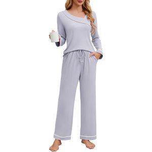 Women's <b>Pajama</b> Sets Soft Long Sleeve 2 Piece Lounge Wear Asymmetrical V Neck Sleepwear With Pockets Casual Home Wear - Product Image 1