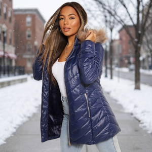Women's Winter Hooded Reversible Waterproof Knitted Bomber Jacket with Pattern 100% Polyester Filled Short Length Coat - Product Image 2