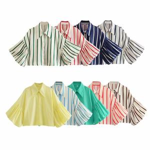<span class=keywords><strong>Haut</strong></span> court décontracté à rayures et manches lanternes avec col boutonné pour femme – Nouvelle collection printemps - Product Image 1
