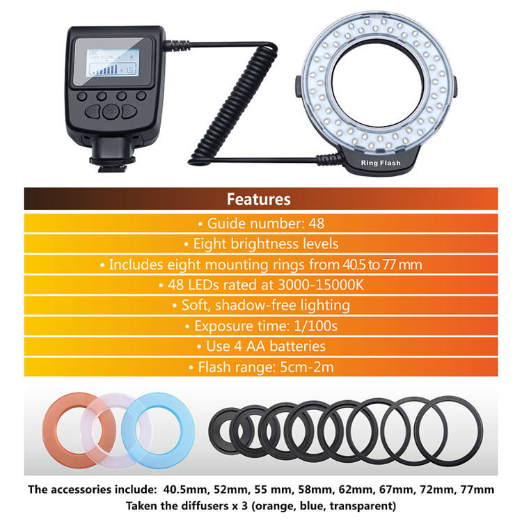 HONGDAK Macro HD-130 LED Ring Video Camera Flash Light for Canon Nikon Pentax Olympus DSLR Camera