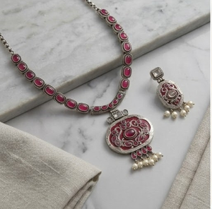 DIVYORO <b>Ruby</b> Red Oval Stone Pendant <b>Necklace</b> Set Oxidized Finish Elegant Designer Jewelry Set with Earrings Fashion Jewelry - Product Image 3