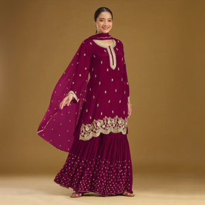 Costume Anarkali en polyester brodé marron pour femmes avec dupatta, tenue traditionnelle indienne pakistanaise pour mariage, coupe ample longue jusqu'au sol - Product Image 1