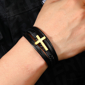 Hot Sale Cross Leather Bracelet Multi-Layer Handmade <b>Braided</b> Rope Magnet Buckle Genuine Leather Bracelet for Men - Product Image 3