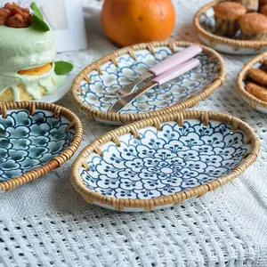 韩国环保秋季藤陶瓷复古糕点盘家用水果蛋糕盘早餐餐具