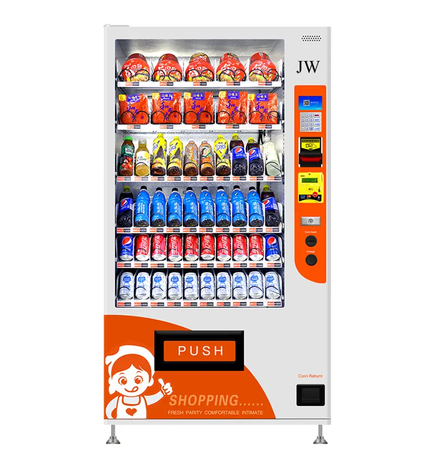 automatic snack&drink vending machine foods 24 hours stores coin&banknotes QR payment vending machines for cold drinks