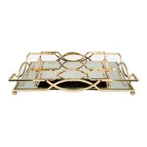 Custom Nordic Unieke Moderne Grote Luxe Gouden Metalen Rechthoek Decoratieve Helder Glas Spiegel Dienbladen Set Met Handvatten