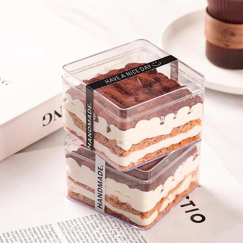 Benutzer definierte Logo Square Clear Kunststoff behälter Mousse Cup Tiramisu Dessert Pudding Box Würfel Acryl Kuchen Dessert Box für Lebensmittel