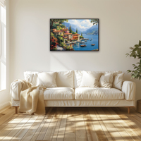 Tableau mural original Paysage de village côtier moderne 40x50cm Impression numérique en relief Peinture aquarelle sur toile/papier