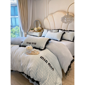 Princess Style Winter Thickened Milk Fleece Four Piece Bedding Set Vertical Stripes <b>Double</b> Sided Warm Duvet Cover - Product Image 3