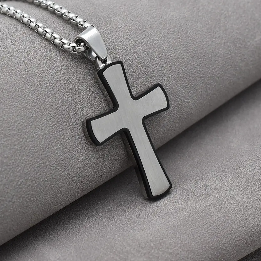 Fashion Jewelry Brushed Stainless Steel Box Chain Men Cross Pendant Necklace