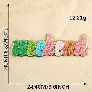 New Big Size 7.4*24cm Iron on Colorful Chenille Embroidered Gold Edge Weekend Letter Patch for T-shirt Hoodies - Product Image 6