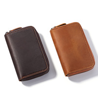 Porte-clés zippé en cuir Crazy Horse rétro, véritable cuir de vachette pleine fleur, porte-clés pour homme avec fente pour cartes, pochette à clés en cuir véritable