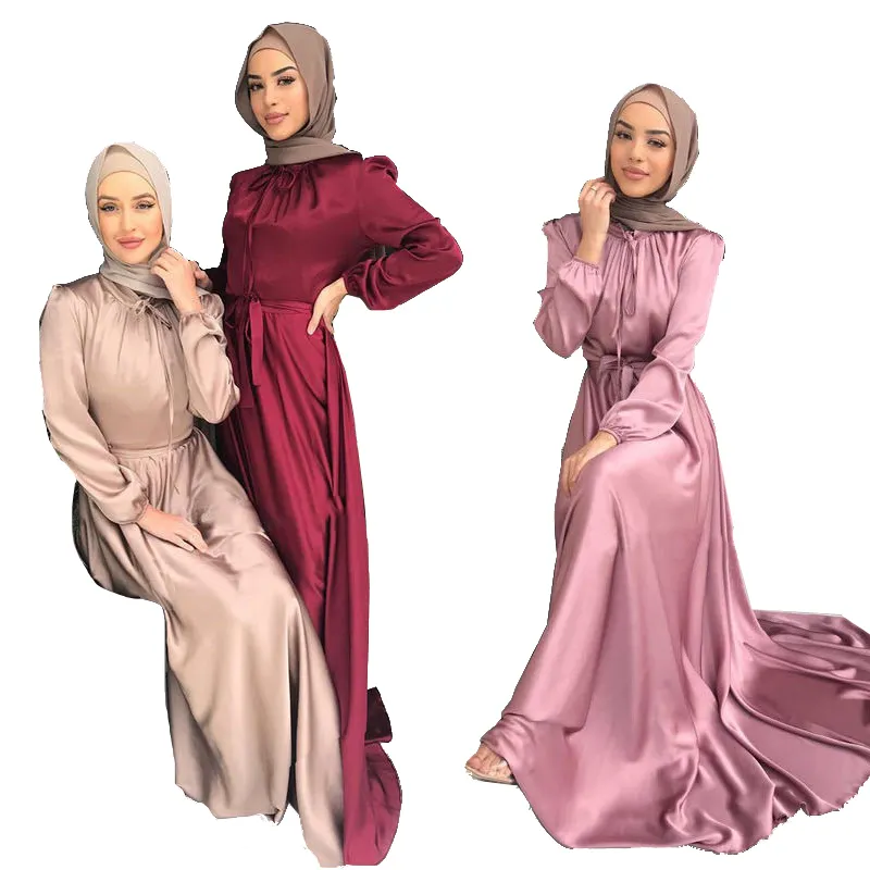 Gaun maxi satin elegan busana Kustom jubah pakaian Islam gaun abaya dubai Turki untuk wanita muslim