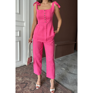 Ensemble décontracté Shantuk XS pour femme : Gilet en lin, chemisier à bretelles et pantalon en tricot uni fuchsia, haut court - Product Image 4