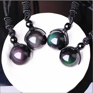 Natural stone multicolor obsidian rainbow eyes bead pendant with rope necklace crystal round beads necklace for men women