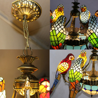 Lustres suspendus en vitrail, Lampes suspendues pour hall d'hôtel motif perroquets, Luminaires de plafond en forme de perroquets pour villa, style cathénarée rose