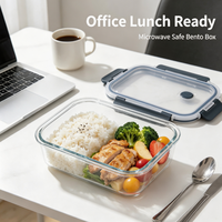 Boîte à lunch rectangulaire en verre borosilicate de 640 ml, boîte à repas bento compatible micro-ondes, récipient de stockage alimentaire pour les employés de bureau