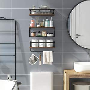 Rustik ahşap banyo tuvalet tel depolama sepeti üzerinde 3 + 1 Tier duvara monte yüzer raflar ile Metal çerçeve - Product Image 2