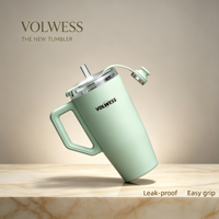 2 VOLWESS Gobelet de voyage isotherme en acier inoxydable, anti-fuite, avec poignée et couvercle à paille, pour l'extérieur et l'usage quotidien