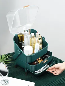 Kotak penyimpan kosmetik plastik kamar mandi penutup bening kotak Display riasan 2 laci Organizer Makeup dengan pemegang sikat rak lipstik