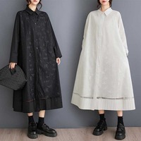 Nouvelle Robe Chemise Trapèze Mi-Longue Vintage Artistique à Manches Longues Grande Taille pour Femme, en Maille Épissée, Coupe A-Line, Collection Printemps 2026 – Vente en Gros