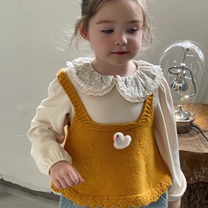 Girls Korean Style Knitted Vest Set With Duck Applique Peter Pan Collar Autumn Outfit Cotton Woolen Fabric - Product Image 1