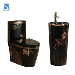 China Suppliers Ceramic Sanitary Ware Golden Black Pedestal Basin Toilet Set