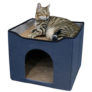 Pet Bed Square Blue Grey Fabric Fiber Fill <b>Hand</b> <b>Wash</b> Cat House Open Style Dual Purpose Folding Pet Bed - Product Image 1
