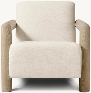 Poltrona Minimalista con Braccioli in Quercia Sbiancata Spessa e Cilindrica, Rivestimento in Lino Bianco e Schienale Inclinato - Product Image 2