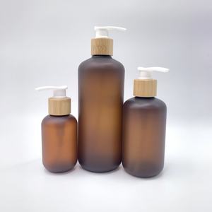 Bouteille en verre ambré mat de haute qualité, givrée, avec pompe et couvercle en bambou, pour shampoing et lotion, 100ml, 200ml, 300ml, 500ml - Product Image 6