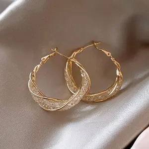 2024 New Trendy 18k Gold Plated Diamond Mesh Clip On Earrings Women's Irregular 925 Sterling Silver Post Crystal Hoop Earrings