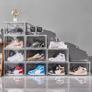 Kotak penyimpanan sepatu magnetik kabinet Stackable berdiri tampilan Drop samping akrilik transparan rumah