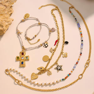 Trendy Edelstahl Kreuz Anhänger Halskette mit Süßwasser perle und Naturstein langen geometrischen Multi-Zubehör Schmuck - Product Image 2