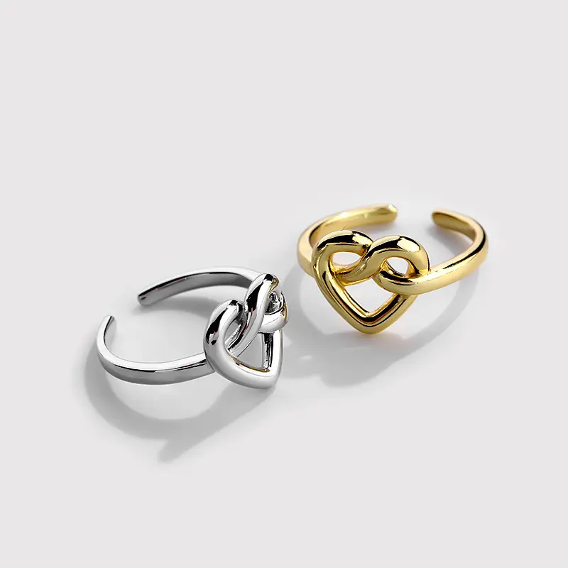 Romantic couple gold plated ring set hollow retro opening heart adjustable ring sterling silver