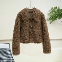 Nouvelle Veste Courte en Vraie Laine et Fourrure avec Doublure en Daim pour Femme, en Laine d'Agneau et Boutons en Corne, Modèle JT635