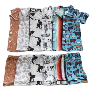 Boutique silk pajamas for children western design short sleeves shirt with shorts two piece outfits kids clothing set