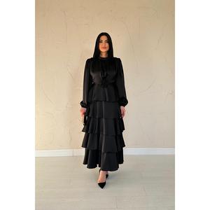 Vestido de Noche Largo de Satén Negro con Volantes para Mujer, Estilo Romántico de Fiesta, Corte A, Cintura Imperio, Venta al por Mayor - Product Image 5