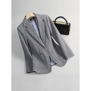 Women's Coffee-colored Long Sleeve Blazer Jacket <b>Wool</b> Blend Anti-Wrinkle Leisure Wear Autumn Winter Style - Product Image 2