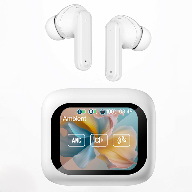 V10 ANC Noise Cancelling Tws Earphones Full-Color Touch Screen Earbuds with IPX4 Waterproof and Dual Mic for HD Communication