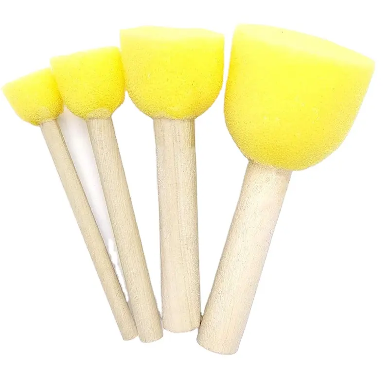 5 Pcs Round Foam Sponge Kids Diy Paint Brush Art Sets Wooden Handle Mushroom Head Foam Brush Sponge Set