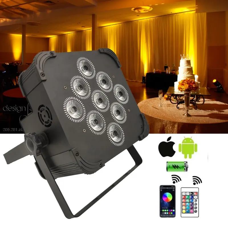 Hot selling wireless battery powered up lights 9*18W 6in1led rgbwauv DMX led stage flat par lighting for wedding decoration