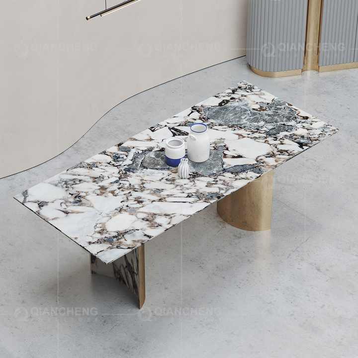 イタリア家具高級ステンレス大理石トップダイニングテーブルセット6人  