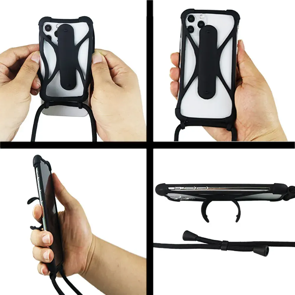 3.5 4 4.3 4.7 5.0 5.5 6.5 Inch Universal Silicone Cell Mobile Phone Soft Bumper Holder Case Cover Lanyard with Neck Strap
