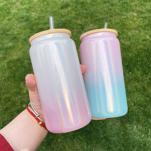Couvercle Bling arc-en-ciel scintillant dégradé paillettes <span class=keywords><strong>verre</strong></span> bière peut 16oz Sublimation Soda peut en forme <span class=keywords><strong>de</strong></span> <span class=keywords><strong>verre</strong></span> avec couvercle en bambou et paille PP - Product Image 6