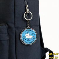 Porte-clés Just Me & My Silly Little Crafts, breloque ronde en acrylique bleue avec chat blanc, fil à tricoter, ciseaux, pendentif mignon pour loisirs créatifs DIY