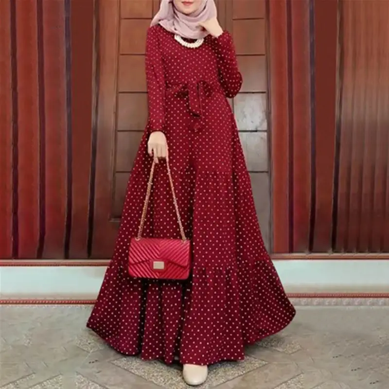Gaun lengan panjang Polka Dot Maroko baru mode sabuk gaun pesta jubah Muslim