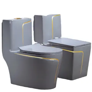 2022流行灰色洁具金色马桶金色线条设计一体式马桶光泽陶瓷水厕